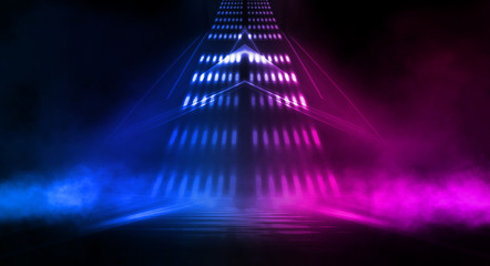 Empty stage, blue and pink, purple  neon, abstract background. Rays of searchlights, light, abstract tunnel, corridor. Dark futuristic background, smoke, smog.