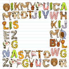 Animal alphabet. Zoo alphabet. Letters from A to Z. Cartoon cute animals. Elephant, dog, flamingo, giraffe, horse, alligator, bear, cat.
