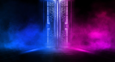 Empty stage, blue and pink, purple  neon, abstract background. Rays of searchlights, light, abstract tunnel, corridor. Dark futuristic background, smoke, smog.