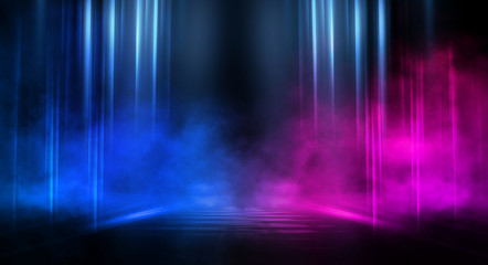 Empty stage, blue and pink, purple  neon, abstract background. Rays of searchlights, light, abstract tunnel, corridor. Dark futuristic background, smoke, smog.