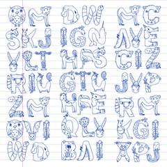 Animal alphabet. Zoo alphabet. Letters from A to Z. Cartoon cute animals. Elephant, dog, flamingo, giraffe, horse, alligator, bear, cat.