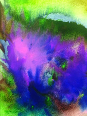 Watercolor abstract bright colorful textural background handmade . Painting of sky and clouds during sunset . Modern seascape . Shine