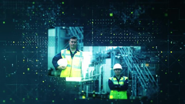 Digital montage from Industrial workers looking at camera