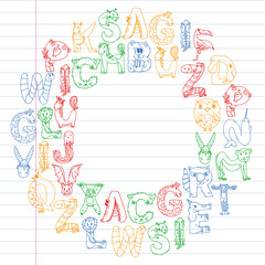 Animal alphabet. Zoo alphabet. Letters from A to Z. Cartoon cute animals. Elephant, dog, flamingo, giraffe, horse, alligator, bear, cat.