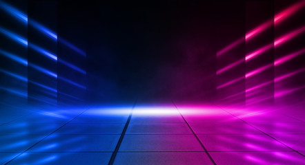 Empty stage, blue and pink, purple  neon, abstract background. Rays of searchlights, light, abstract tunnel, corridor. Dark futuristic background, smoke, smog.