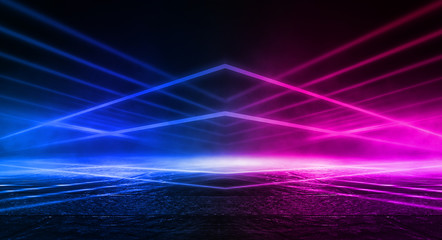 Empty stage, blue and pink, purple  neon, abstract background. Rays of searchlights, light, abstract tunnel, corridor. Dark futuristic background, smoke, smog.