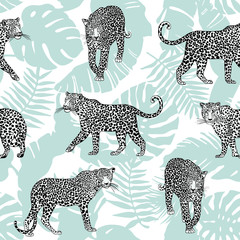 Tropical seamless pattern, animalier vector background, Leopard in the Jungle