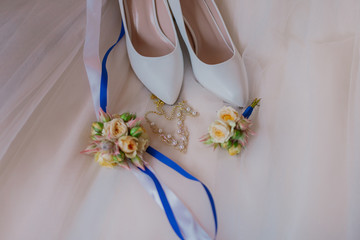Beautiful wedding accessories of the bride. Happy wedding day.