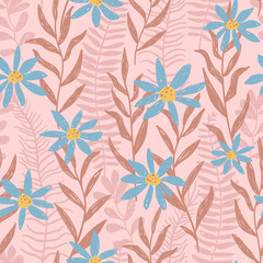 Hand drawn seamless vector pattern with chamomile flowers and fern leaves. Blue daisy on a pink background with green stem. Romantic ditsy illustration perfect for fabrics.