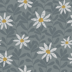 Fototapeta na wymiar Hand drawn seamless vector pattern with chamomile flowers and leaves. White daisy on a gray background. Tender ditsy illustration perfect fo fabrics.