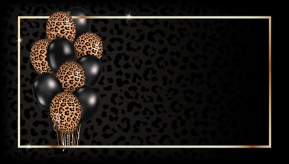 Vector template with 3d realistic leopard print and black balloons in golden frame with copy space. Horizontal banner for greeting card, Birthday, Sale, offers, flyer,Black Friday, social media header © Olga