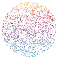 Naklejka premium Pattern kids fabric, textile, nursery wallpaper. Vector illustration. Hand drawn singing birds and flowers for little children.