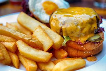 Hamburger with french fries served in white porcelain plate.