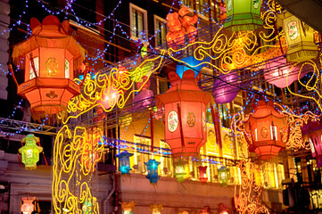 Colorful street decoration for celebrate Chinese festival illuminated by night in city of Shanghai.
