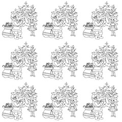 pattern Santa Claus gives gifts to a girl coloring page,Black and White Cartoon Illustration of Santa Claus Christmas Character with Happy Little Girl Coloring Book