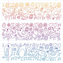 Pattern kids fabric, textile, nursery wallpaper. Vector illustration. Hand drawn singing birds and flowers for little children.