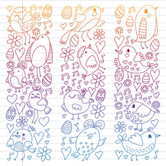 Pattern kids fabric, textile, nursery wallpaper. Vector illustration. Hand drawn singing birds and flowers for little children.