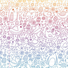 Naklejka premium Pattern kids fabric, textile, nursery wallpaper. Vector illustration. Hand drawn singing birds and flowers for little children.