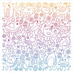 Fototapeta na wymiar Pattern kids fabric, textile, nursery wallpaper. Vector illustration. Hand drawn singing birds and flowers for little children.