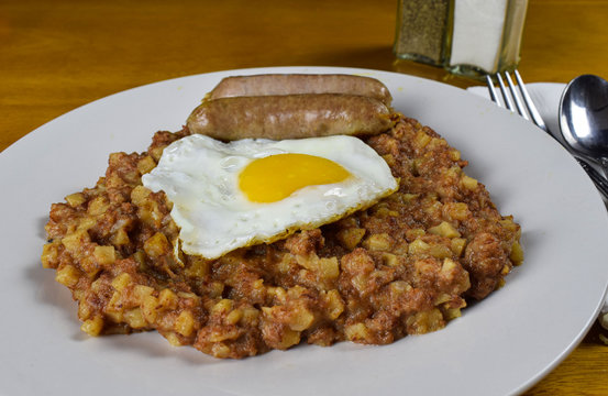 Corn Beef Hash With Fried Egg  And Sausage