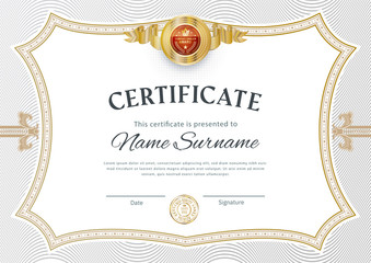 Official white certificate with vintage modern border and emblem. Business modern design. Gold emblem