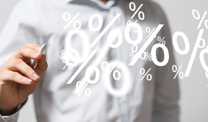 percent shopping digital in hand 3d.