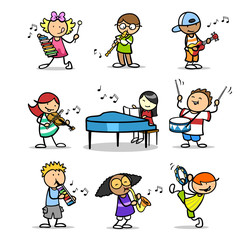Gruppe Kinder in Musikschule lernen Instrumente