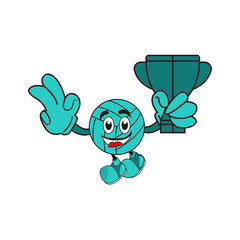 Illustration of volleyball and trophy mascot character