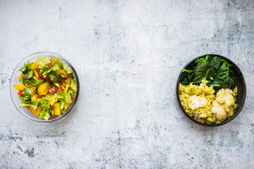 Vegan healthy dietary food lunch dinner. Salad, legumes, grain, vegetables, veggies. Top above flat view. Space for text