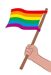 Pride flag waving. Male hand with rainbow colored lgbt symbol for gay liberation movement and parades. Isolated comic vector illustration on white background.