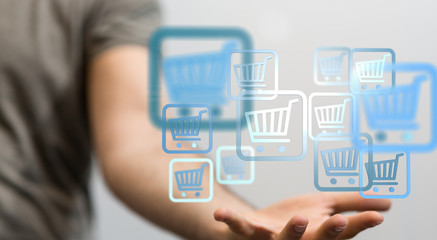 Businessman pressing modern technology panel shopping cart web phone credit card.