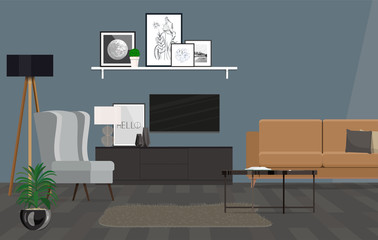 Living room with a brown TV set, gray armchair against a dark blue wall.