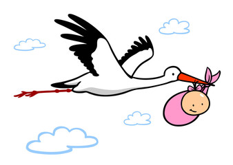 Clipart von Storch mit Baby Mädchen im Himmel