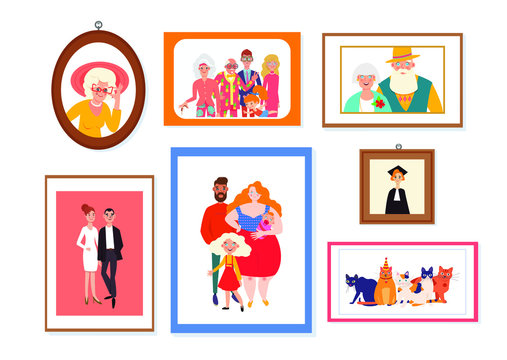 Set of family picture frames arranged on a wall. Various scenes with colorful pictures and cartoon vector family members depicted in different shaped frames.