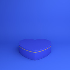 Happy Valentines Day, blue gold podium display heart shape background. Greeting card, flat lay, banner, mock up, template, layout, copy space text area. 3D rendering illustration.