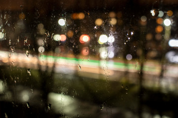 raindrops on the window against the background of the night city