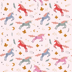 Cute isolated stylish boho unicorns seamless pattern design. Good night concept. Magical animals. Pastel colors. Pony nursery print. Vector © Knstart Studio