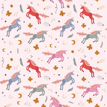 Cute isolated stylish boho unicorns seamless pattern design. Good night concept. Magical animals. Pastel colors. Pony nursery print. Vector