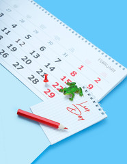 Leap Day concept. Calendar with marking in red pin of 29 february date. February month calendar,...