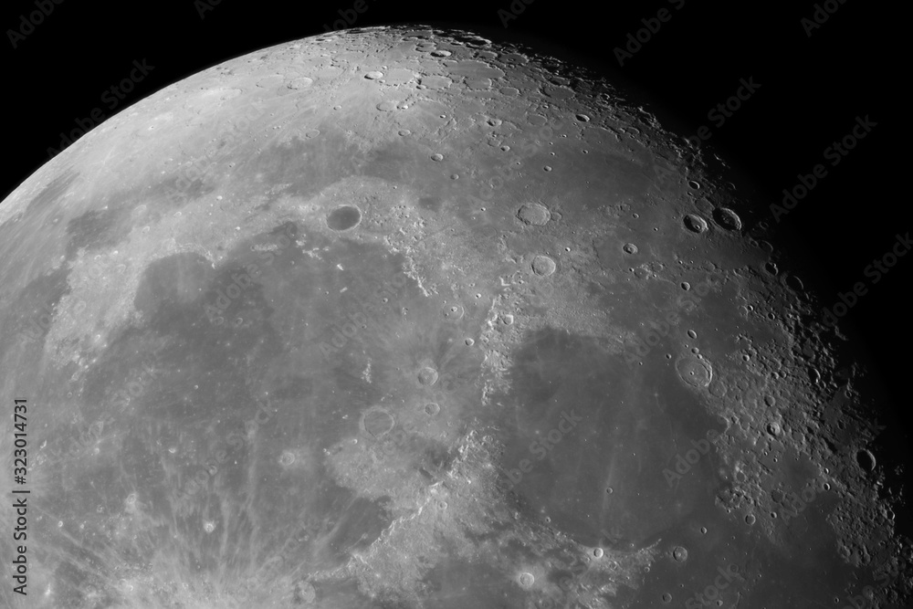 Wall mural close-up of the moon surface. main objects and areas: mare serenitatis, mare imbrium, procellarum ba