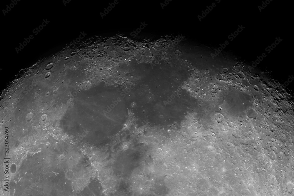 Sticker close-up of the moon surface. main objects and areas: mare imbrium, lava flows, mare serenitatis, da