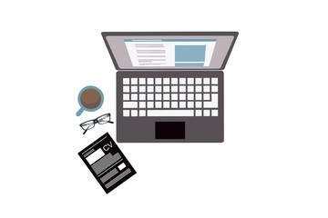 Laptop, coffee , eye glass and cv on the desk vector