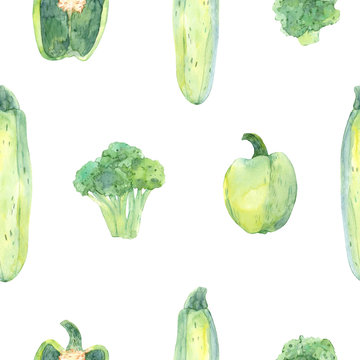 Seamless pattern of watercolor fresh green vegetables