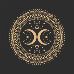 Circle Geometric Ornament moon. Geometric alchemy symbol. Abstract mandala occult and mystic signs. Black background.
