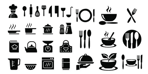 Fototapeta na wymiar Cooking icons Boiling time, Frying pan and Kitchen utensils Fork Vector