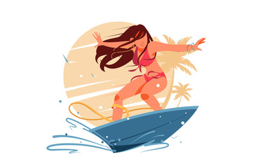 Attractive young girl silhouette surfing on surfboard.