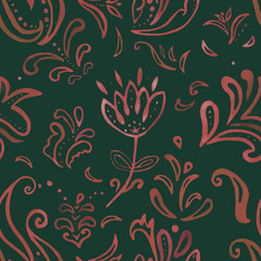Seamless watercolor floral patterns in baroque style on a dark green background. Design for fabrics, wallpaper, scrapbooking, wrapping paper, interior decoration, illustrations