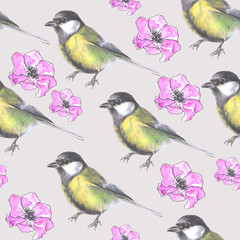 Seamless watercolor pattern with painted birds and pink flowers on a light gray background..