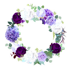 Dark violet and purple rose, white and lilac hyrangea, iris, carnation, seeded eucalyptus, greenery.