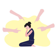 Vector flat illustration of sitting on the floor woman and many people's hands pointing finger on woman. Shaming, bulling, stressed on work concept